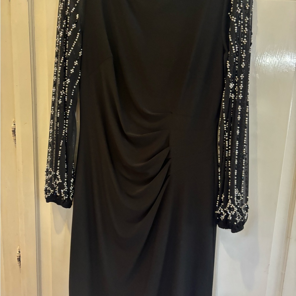 MARINA Black Ruched Sheath Dress with Bishop Sleeves